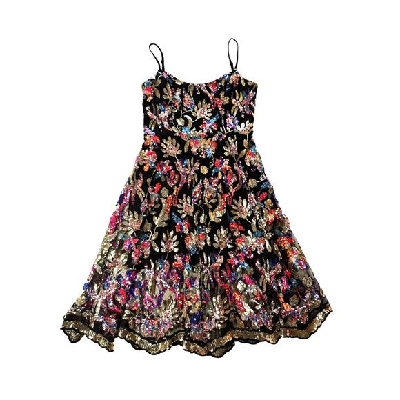 Dress the Population Uma Black Floral Sequin Fit & Flare Dress Size Large - Picture 1 of 7